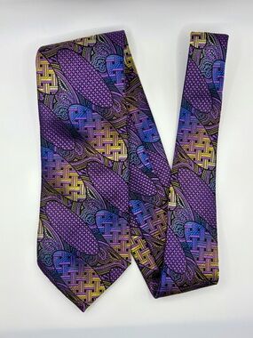 Bruno Marchesi Silk Tie Purple Gold Paisley Geometric Woven Italy